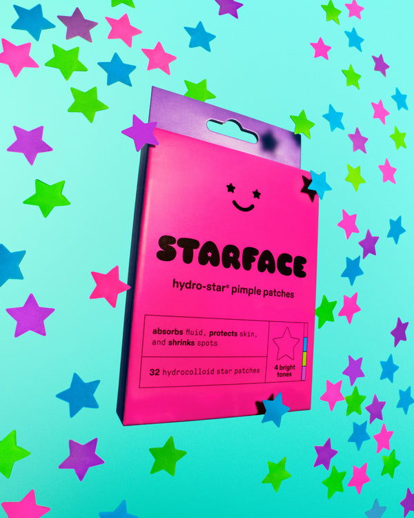 A refill pack of bright Starface Hydro-Star® pimple patches in aqua, lime, azalea and violet. Hydrocolloid stars for spots.