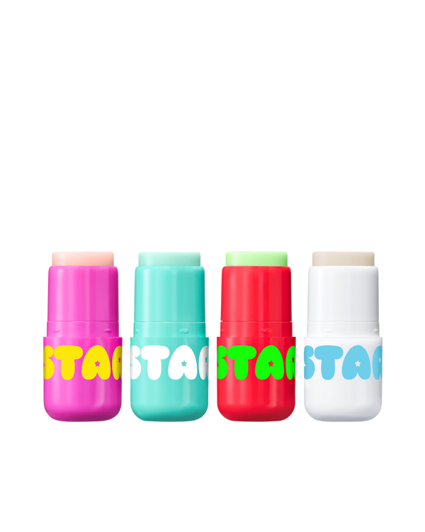 Starface Star Balm® Bundle of four lip balms. Starfruit, Very Vanilla, Watermelon Squeeze and Magic Mint flavors.