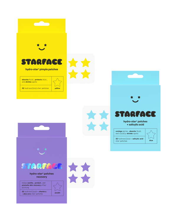 Starface Super Star Bundle of three Hydro-Star® packs: classic yellow, Salicylic Acid and Recovery. Patches for every stage.