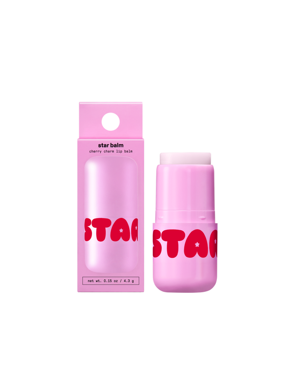 Starface Star Balm® in Cherry Charm, capped tube on a plain background. A fruity, sweet cherry moisturizing lip balm.