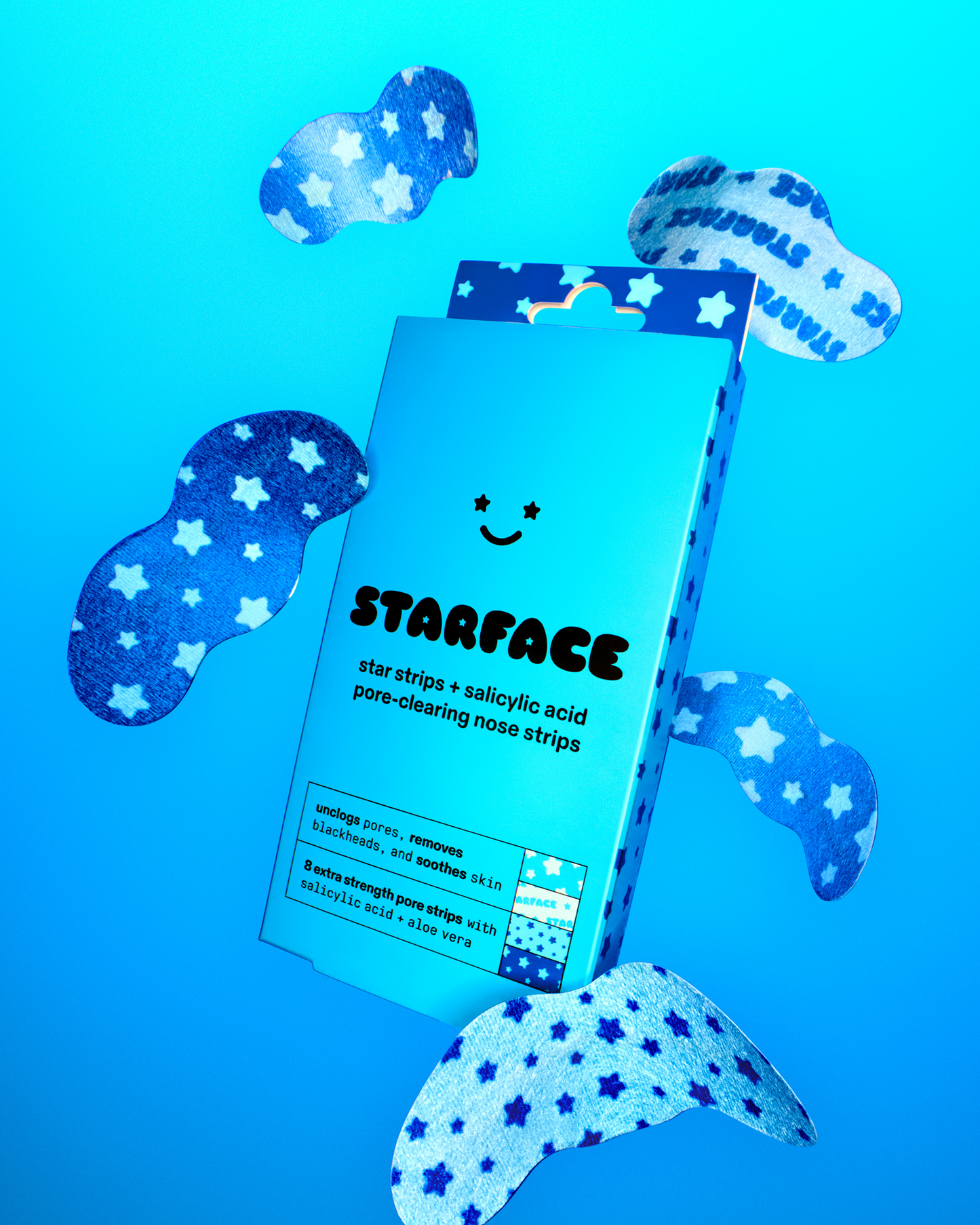 A pack of Starface Star Strips™ + Salicylic Acid in four blue designs. Extra-strength strips that unclog pores.