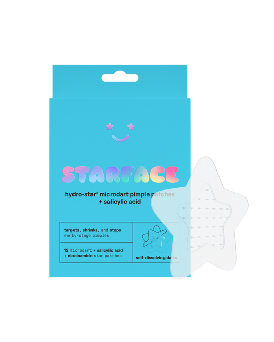Starface Hydro-Star® Microdarts + Salicylic Acid packaging beside a sheet of clear star patches. 12 microdart stars.
