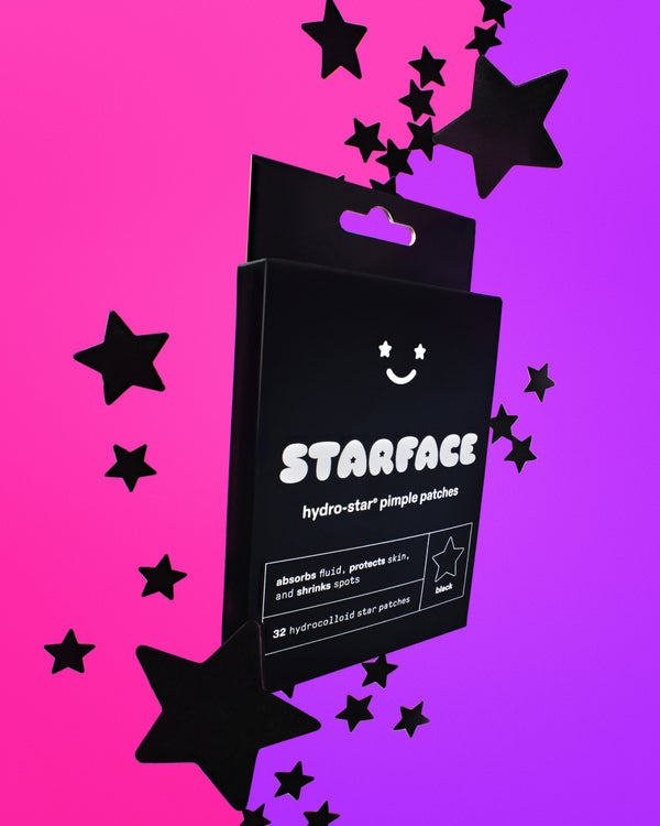 A refill pack of black Starface Hydro-Star® pimple patches. Hydrocolloid stars that absorb gunk and shrink spots.
