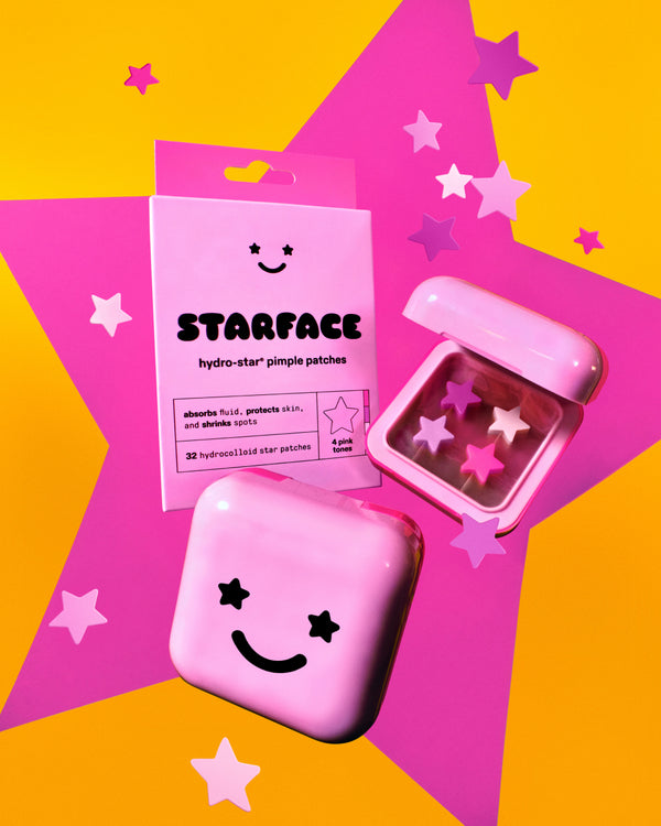The Starface Perfect Pink Bundle of a pink Hydro-Star® compact and refill pack. 64 hydrocolloid star patches.