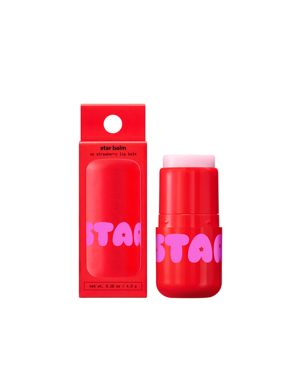 Starface Star Balm® in So Strawberry, capped tube on a plain background. A juicy, sweet strawberry lip balm.