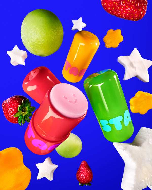 The Starface Fruity Balm Bundle of three moisturizing Star Balm® lip balms. Shea, cocoa butter and coconut oil hydrate.