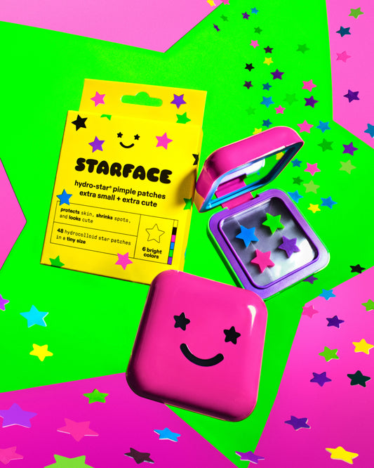 Starface Lil Party Bundle: Tiny Star patches in 6 bright colors and Big Party. Extra-small and classic size pimple patches.