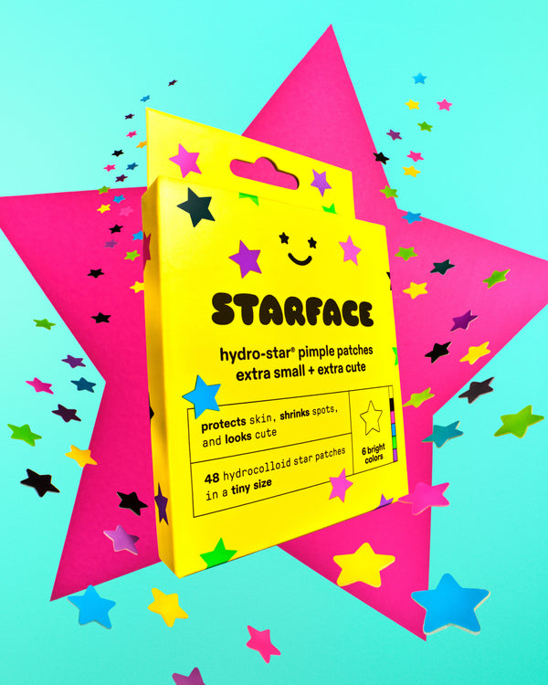 A sheet of extra-small Starface Hydro-Star® pimple patches in six colors. Tiny hydrocolloid stars for little spots.