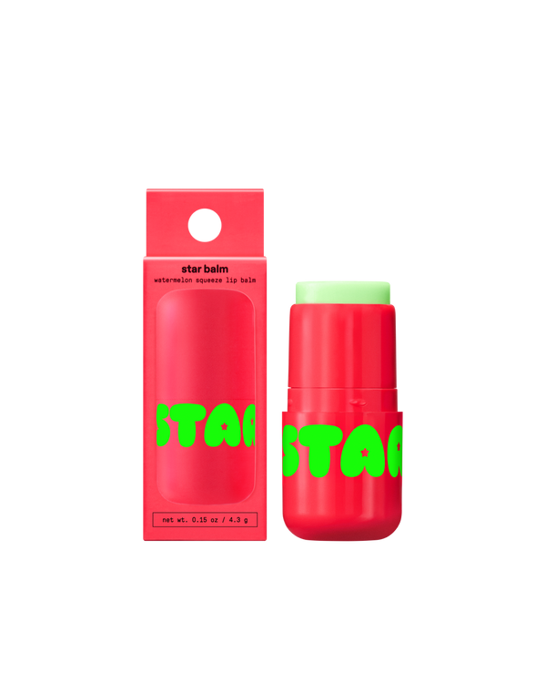 Starface Star Balm® in Watermelon Squeeze, capped tube on a plain background. A fresh, juicy moisturizing lip balm.